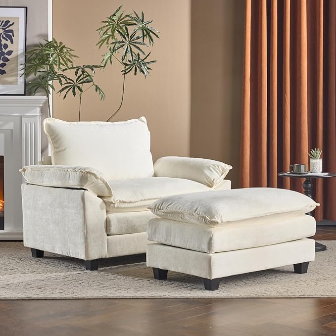 Karl home Oversized Accent Chair Chenille Sofa with Chaise, Modern Sofa Chair with Removable Ottoman Modular 1-Seater Couch and 2-Layer Ottoman for Living Room, Apartment, Studio, Beige