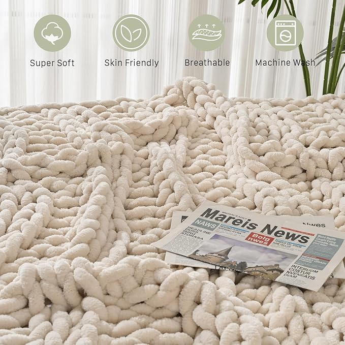 Esterra Chunky Knit Blanket Throw, 100% Handmade Chenille Throw Blanket 50"x60", Soft Thick Yarn Cable Knit Crochet Throw Blanket Rope Knot Throw for Couch Bed Sofa, Apricot White