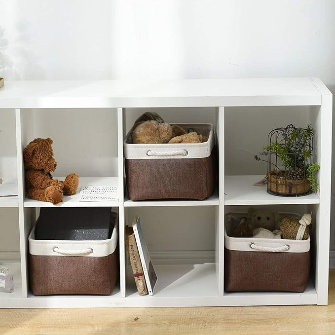 Organization and Storage Basket for Organizing - 16x12x8 inch Large 4 Pack Fabric Storage Cube Collapsible Storage Bins for Shelves, Storage Box for Cloth Books Canvas(White & Flaxen)