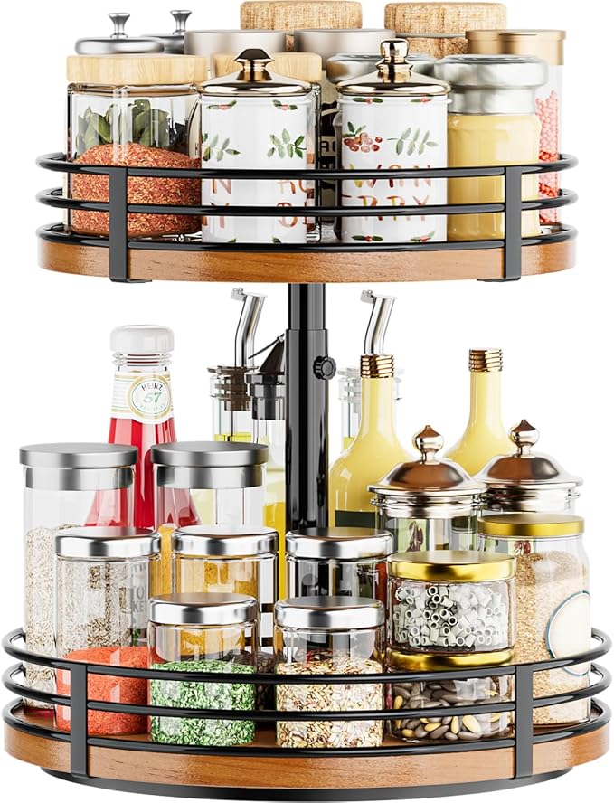 Lazy Susan Turntable Organizer Adjustable - 2 Tier Wood Rotating Spice Rack 12 Inch Lazy Susan for Kitchen Countertop Cabinet Pantry Cupboard Dining Table Bathroom Coffee Bar Home Storage