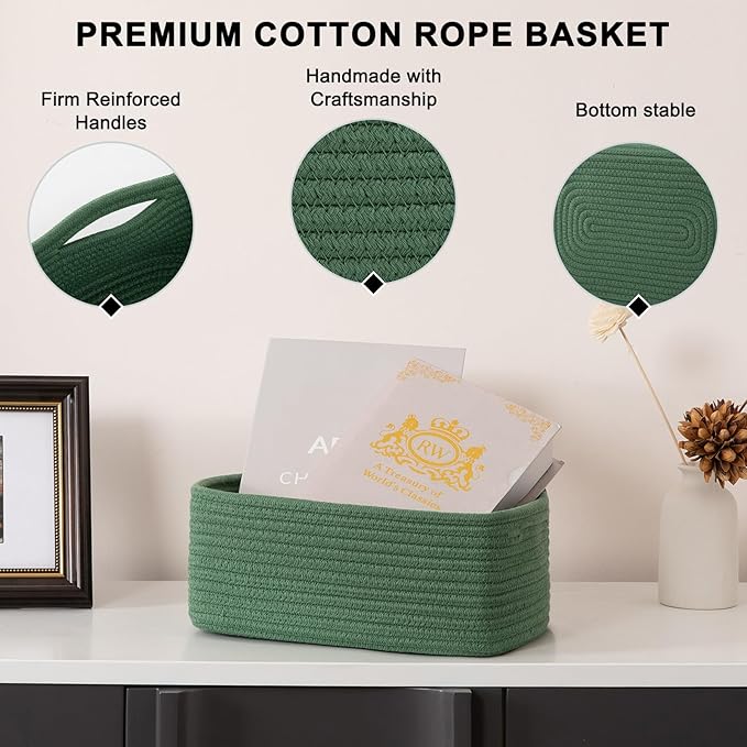 4 Pack Small Storage Shelf Baskets for Organizing, Mini Woven Rope Storage Bins for Towels, Cute Decorative Closet Organizer,Baby Nursery, Gift Empty Baskets -11.81''Lx7.87''Wx4.72''H-Green