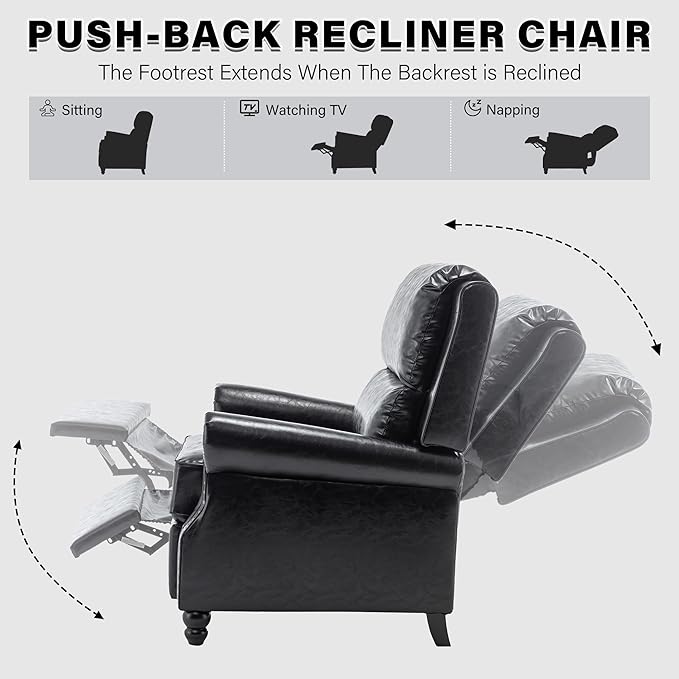 UIXE Pushback Recliner Chairs Set of 2, PU Leather Armchair Push Back Accent Chair, Rivet Trim Club Chair Home Theater Overstuffed Single Sofa Reading Seat for Living Room, Black