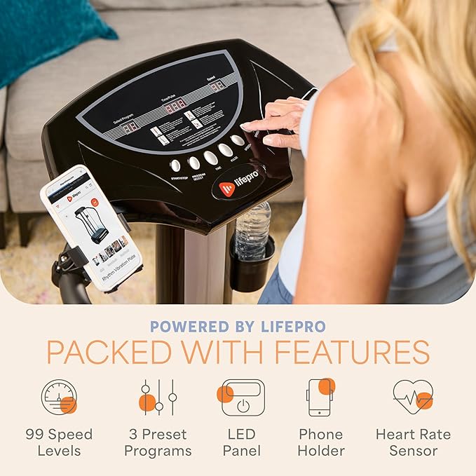 Lifepro Rhythm Vibration Plate Exercise Machine with Handles for Balance Support – Vibrating Plate for Lymphatic Drainage, Circulation & Recovery, Heart Rate Sensor, Phone Holder, 99 Speed Levels