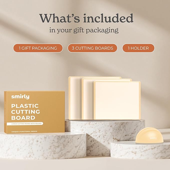 SMIRLY Plastic Cutting Board Set with Holder 3 Pieces, Non-Slip Dishwasher Safe Chopping Boards for Kitchen, Cream White