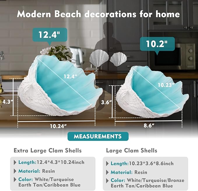 Large Turquoise-Aqua blue Sea Shells Decorative Bowl Resin Clam Shell Bowl Beach Decorations for Home Coastal Beach Decor Decoration Storage Bowls & Home Office Nautical Themed Party Decor -10.2-1PC