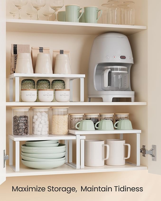 SONGMICS Cabinet Organizer Shelf, Set of 3 Kitchen Counter Shelves, Kitchen Storage, Spice Rack, Stackable, Expandable, Snow White and Matte White UKCS220W01