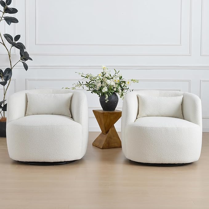 KINWELL 34" Wide Sherpa Swivel Barrel Chairs Set of 2, No Assembly Round Boucle Upholstered Accent Chairs Armchairs Single Sofa Chair with Toss Pillow for Living Room and Bedroom, Beige