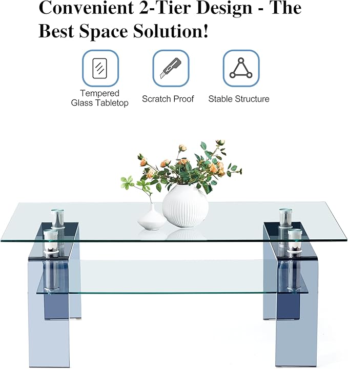 Glass Coffee Table Rectangle Living Room Center Table with Storage, Clear Tempered Glass Tabletop and Smoke Grey Leg,for Living Room and Office (Clear+Smoke)