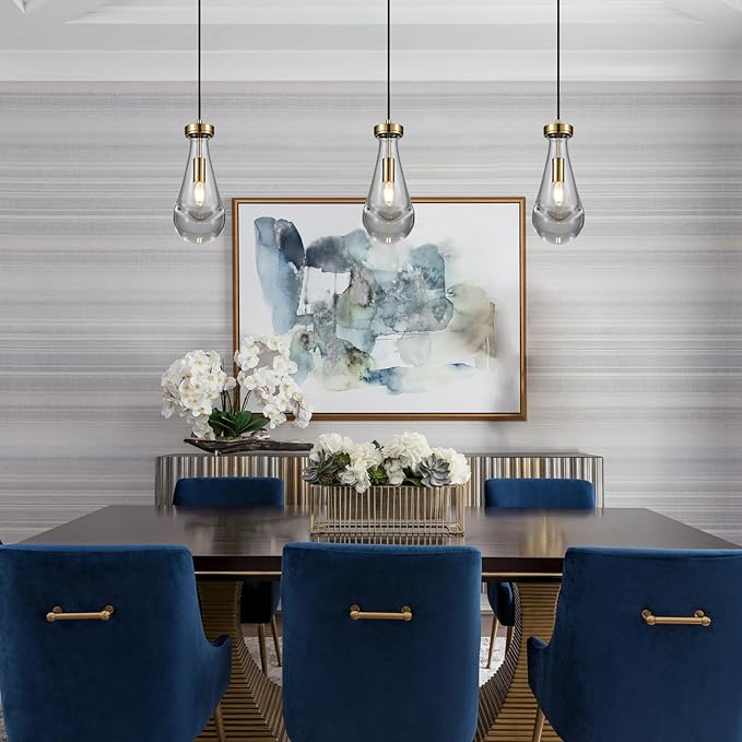 Raindrop Pendant Light Fixtures Set of 3, Brass Glass Pendant Lighting, Teardrops Modern Hanging Light for Entryway Foyer Kitchen Island Dining Living Room Hallway