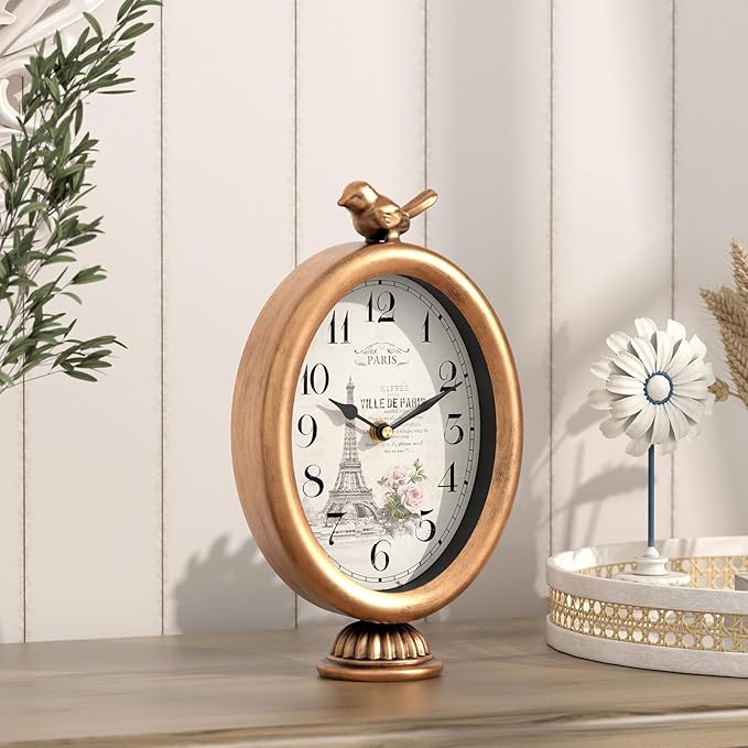 Vintage Table Clock with Bird, Desk and Shelf Decor Clock, French Paris Style, Antique Gold Metal Mantel Clocks for Living Room, Farmhouse, Bedroom, Bedside, Gift (10" H x 5.9" W)