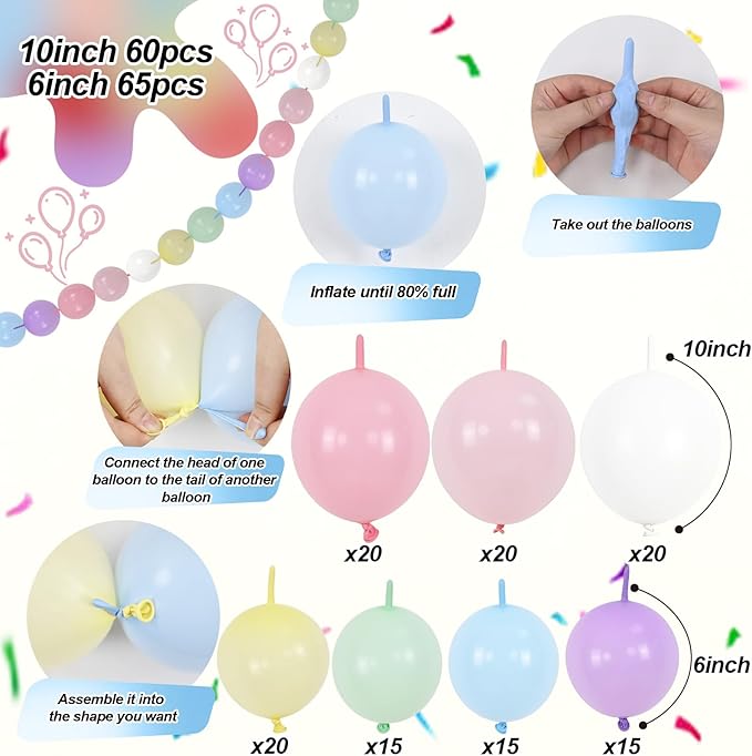 Rainbow Linking Balloons, 130PCS Colorful Quick Link Balloons Assorted, Multicolor Connecting Balloon Arch Kit for Kids Girls Baby Shower Easter Rainbow Unicorn Theme Birthday Party Decorations