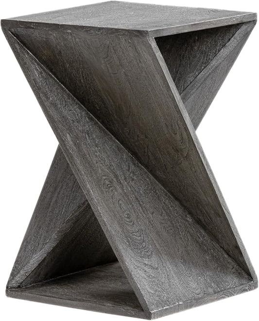 Modern Hand Made One-of-a-Kind Carved Mango Wood End Table, Farmhouse Side Table,Farmhouse End Table,Living Room,Bedroom, Accent Table, Contemporary Architectural Designed Grey,Assembled