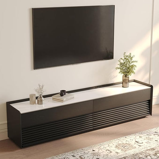 POVISON Fully-Assembled Mid Century Glossy Sintered Stone TV Stand, 78.74" Wood Media Console with Adjustable LED Light, Entertainment Center with Storage for Living Room