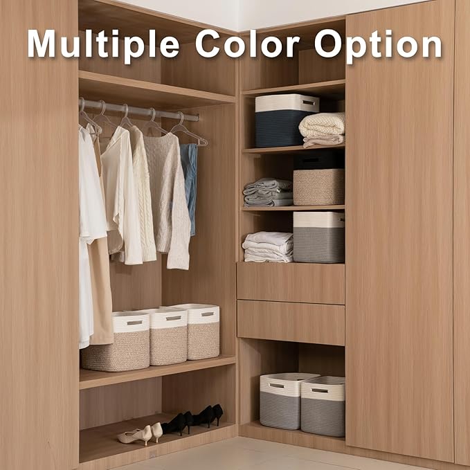 OIAHOMY Cube Storage Basket, 3-Pack Woven Cotton Rope Baskets for Storage, 11-Inch Cube Basket with Handles, Great for Shelves, Closets, Children's Toy Storage and Organization-White & Grey