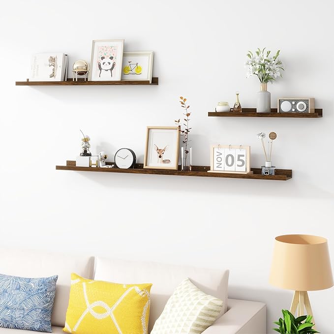 Picture Ledge Shelf, Wood Long Floating Shelves for Wall, Set of 2, 56 inch Picture Ledge Shelves, Photo Ledge Nursery Book Shelves Wall Mounted for Living Room Kids' Room Bedroom, Color Walnut