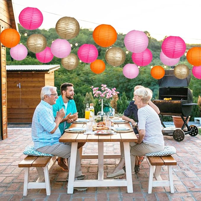Paper Lanterns Pink Orange Gold Round Hanging Chinese Lanterns for Birthday Party Baby Shower Bridal Shower Decorations Pack of 12