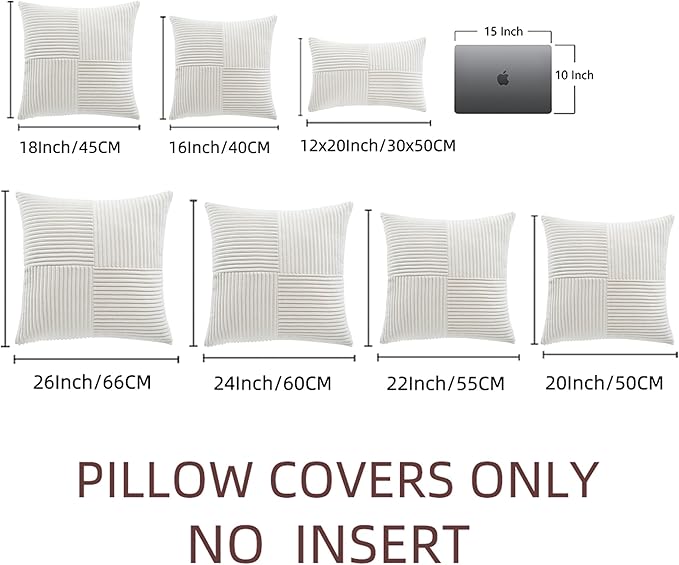 Fancy Homi 2 Packs Cream White Decorative Throw Pillow Covers 18x18 Inch for Living Room Couch Bed Sofa, Farmhouse Boho Home Decor, Soft Corss Corduroy Patchwork Textured Square Cushion Case 45x45 cm