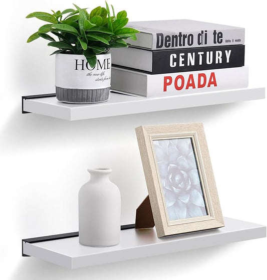 Meangood Floating Shelves White 17 inch Wall Mounted Natural Bamboo Wood Wall Storage Shelves for Bedroom,Living Room,Bathroom, Kitchen(Set of 2)