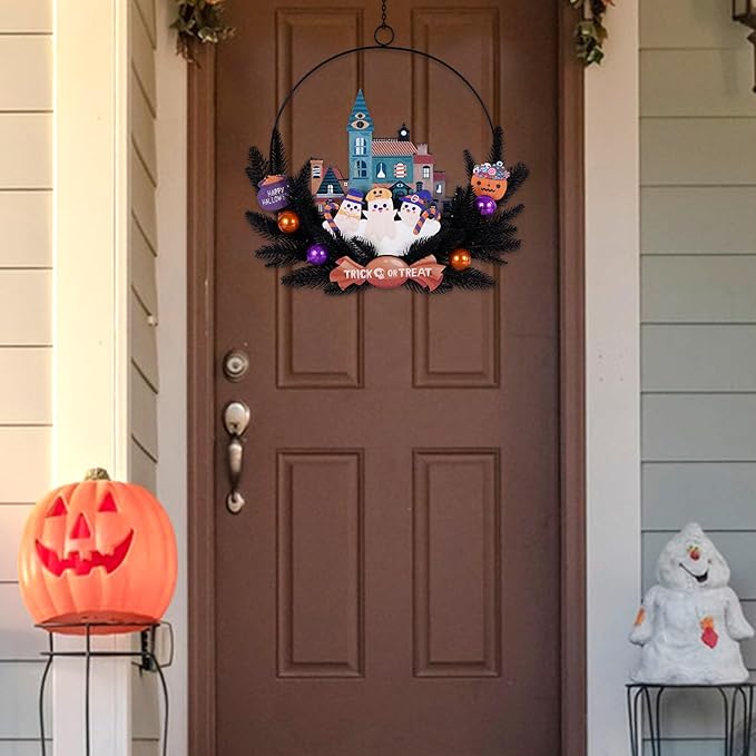 Lighted Halloween Wreaths for Front Door, Welcome Metal Wooden Door Wreath Decor Hanging Sign, 30 LED Lighted Wall Decor Battery Operated for Halloween Indoor Outdoor (Ghost)