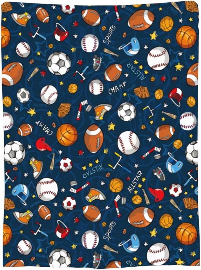 Baseball Football Basketball Sport Theme Throw Blanket 60x50 Inch Soft Fleece Blanket Men Women Gift for Kids Boys Girls for Party Couch Sofa Bed Deco Blankets