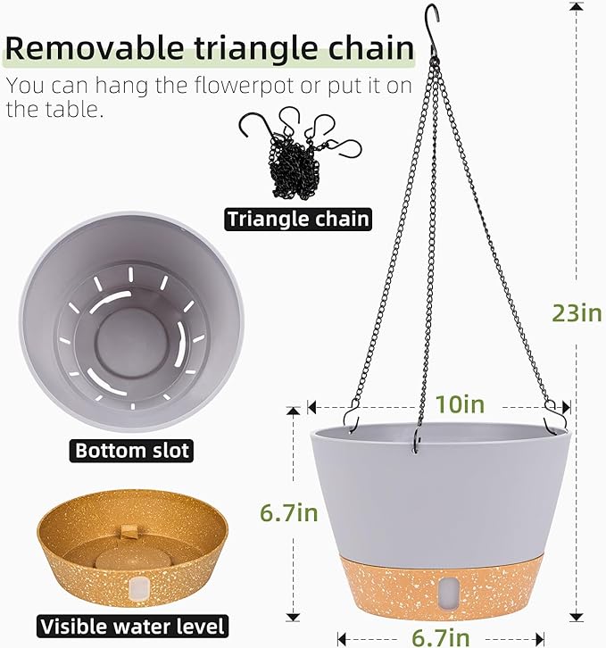 QCQHDU 2 Pack Hanging Planters for Indoor Outdoor Plants, 10 Inch Hanging Baskets Flower Pots with Reservoir Tray & Visible Water-Level