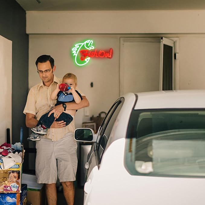 Fish On Neon Sign Go Fishing LED Signs for Wall Green Red Neon Light Dimmable Neon Lights Signs Fish Neon Light Up Sign for Bedroom Living Room Man Cave Yacht Decor Men Gifts