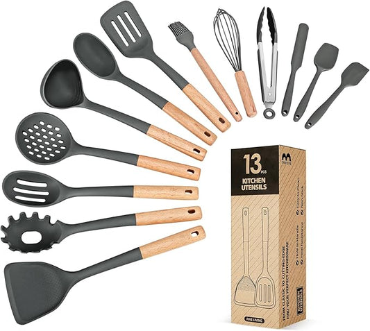 Kitchen Utensils Set, 13PCS Silicone Cooking Utensils, Heat Resistant Kitchen Utensil Spatula Set for Nonstick Cookware, Wooden Handles Kitchen Gadgets Tools Set