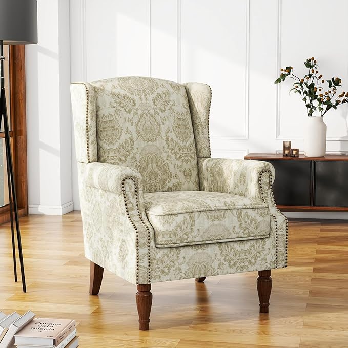 UIXE High Back Floral Accent Chair, Upholstered Armchair in Fabric for Living Room, Retro Wingback Arm Chair Comfy Single Sofa Bedroom Reading Seat with Solid Wood Legs, White