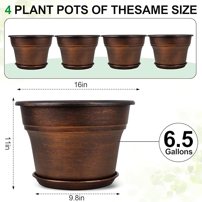 Plant Planters Pots Set of 4 Pack 16 Inch,Large Plastic Flower Pot for Indoor Plants with Drainage Holes & Trays, Resin Decorative Container Sets with Saucer for House Outdoor Garden Plant Copper