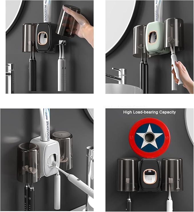 Toothbrush Holders Wall Mounted,Toothpaste Dispenser for Kids Hanging Adhesive Automatic Toothbrush Holders Bathroom Decor with Toothpaste Dispenser 2 Cups - Grey