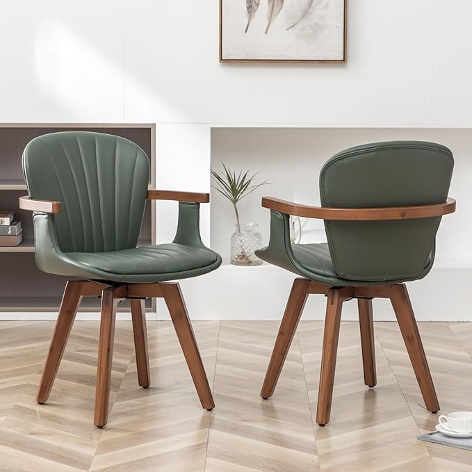 LUNLING Swivel Dining Room Chairs Set of 2, Mid Century Modern Green Faux Leather Kitchen Chairs with Arms,Bamboo Legs Side Chairs No Wheels,Accent Chair for Dining Rooms and Offices