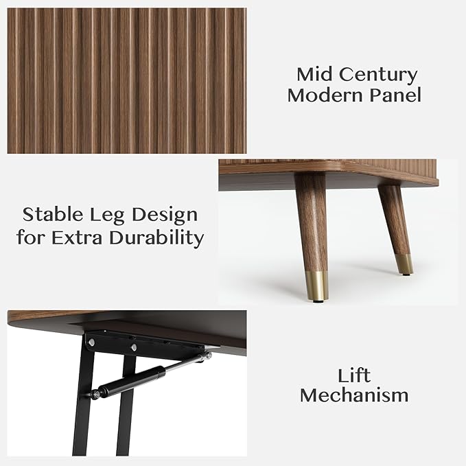 Lift Top Coffee Table with Storage,Mid Century Modern Coffee Table,Fluted Wood Rectangle Center Table for Living Room,Home Office,Walnut