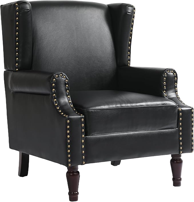UIXE Faux Leather High Back Accent Chairs Set of 2, Upholstered Armchair for Living Room, Retro Wingback Arm Chair Nailhead Trim Single Sofa Bedroom Reading Seat with Solid Wood Legs - Black
