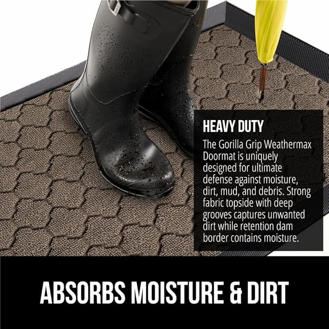 GORILLA GRIP 100% Waterproof All-Season WeatherMax Doormat 35x23, US Designed Natural Rubber, Stain and Fade Resistant, Low Profile Indoor Outdoor Door Mats, Easy Clean Patio Mat, Latte Quatrefoil