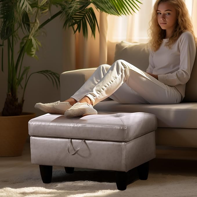 Ottoman Rectangular Storage Ottoman Bench, Faux Leather Footrest, Coffee Table, Stool Footstool with Hinged Lid for Living Room, Bedroom, Entryway, Champagne, 28.5"x19"x17.5"