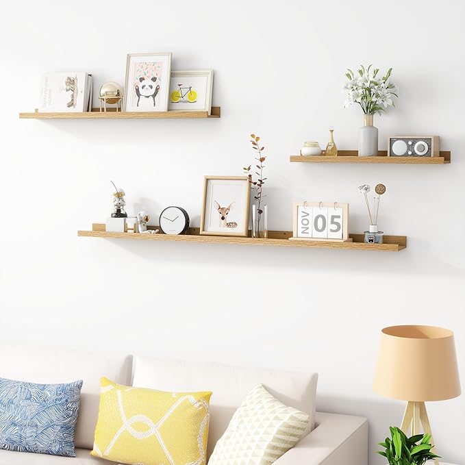 Picture Ledge Shelf, Wood Long Floating Shelves for Wall, Set of 2, 56 inch Picture Ledge Shelves, Photo Ledge Nursery Book Shelves Wall Mounted for Living Room Kids' Room Bedroom, Color Oak