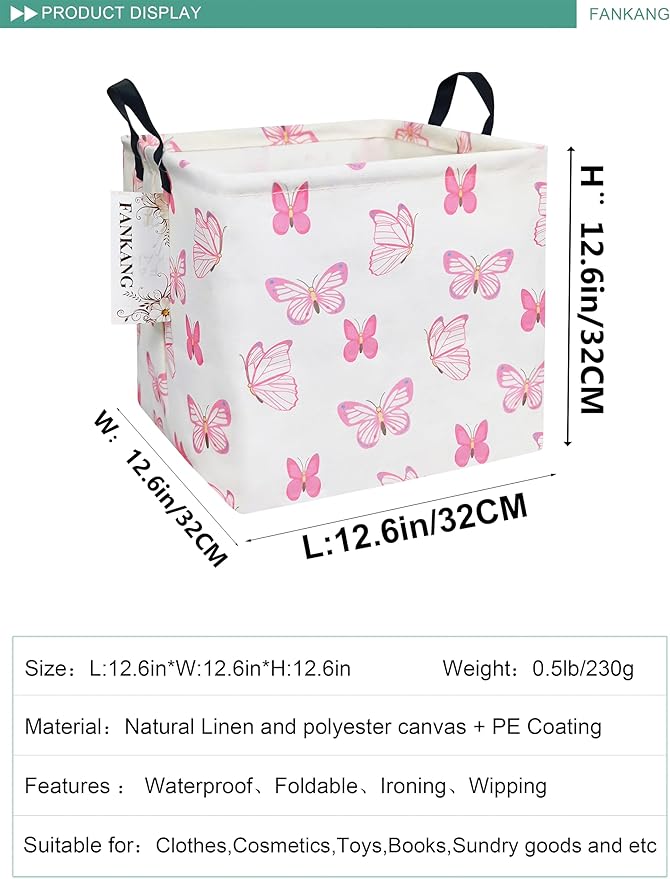 FANKANG Square Nursery Hamper Storage Bins Canvas Laundry Basket Foldable with Waterproof PE Coating Storage Baskets Gift Baskets for Children, Office, Bedroom, Clothes(Square-pink butterfly )