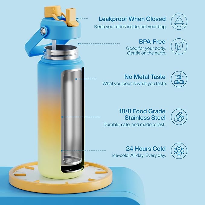 Insulated Water Bottle with Straw Stainless Steel Water Bottle, Leak-Proof, BPA-Free, Double Wall Vacuum Keeps Cold for 24 Hours for Sports, Travel, School (32 oz, Sunny Breeze)