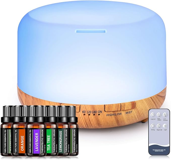 YIKUBEE Oil Diffuser with Essential Oils Set, 500ml Diffuser, 6x10mL Essential for diffusers for Home, Aromatherapy Humidifier, Diffusers for Essential Oils Large Room