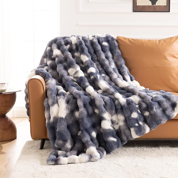 Cozy Faux Fur Throw Blanket for Bed Warm Fuzzy Throw Blanket, Soft Plush Thick Bubble Blankets for Bedroom and Living Room, Furry Luxury Blanket, 90 x 90,Tie-Dye Blue