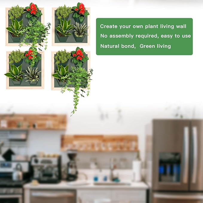 Vertical Wall Planter, 4 Pots Self Watering Living Planters Indoor, Wooden Frame Planter Wall Decoration Home Office (No Screw)