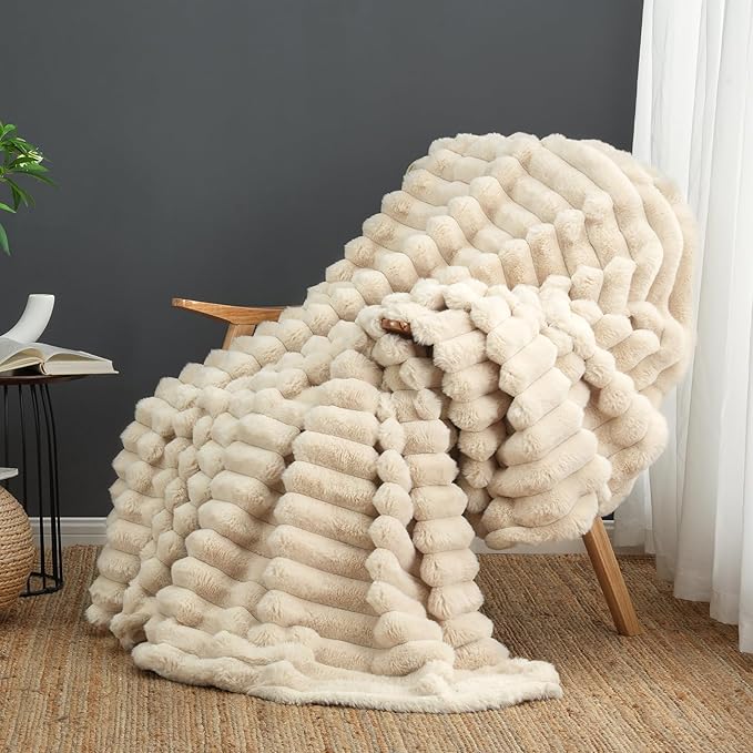 Cozy Bliss Faux Fur Throw Blanket for Couch, Cozy Warm Plush Striped Blanket for Sofa Bedroom Living Room,50 * 60 Inches Beige