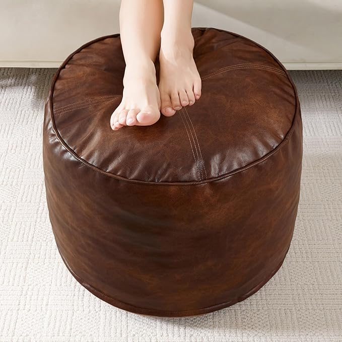 HIGOGOGO Round Stuffed Pouf Ottoman, Pu Leather Poufs with Foam Chunk Filling, Furry and Fluffy Pouf Foot Stool Storage Ottoman, 20 X 15 Floor Poufs Foot Rest for Living Room,Dark Brown