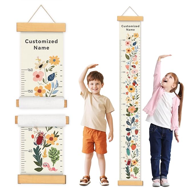 Personalized Name Growth Chart Wall Decor for Kids – Canvas Removable Height Chart Measuring Ruler 59" x 7.9" (Flowers)