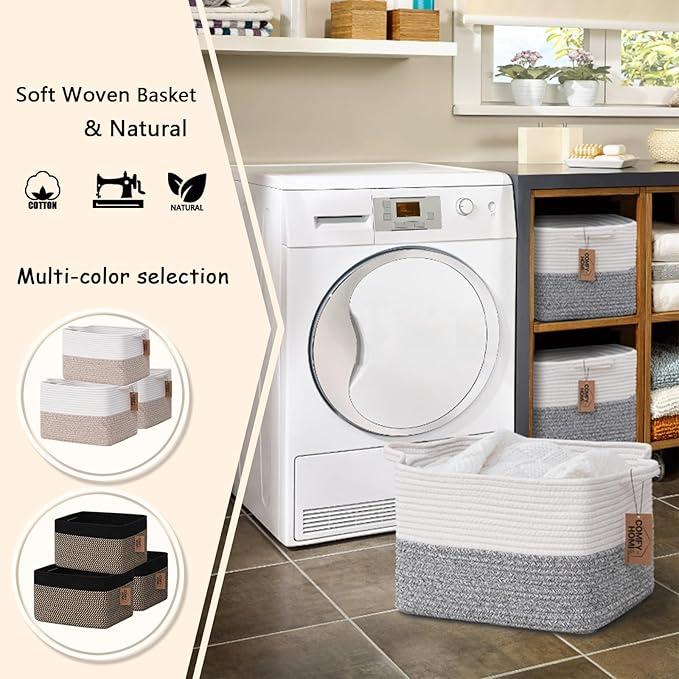 COMFY-HOMI 3-Pack Cotton Rope Woven Basket with Handles for Shelves, Book, Cloth Basket|Dog Toy Basket for Organizingy|13.5" x 11" x 9.5" for Bedroom(White/Grey)