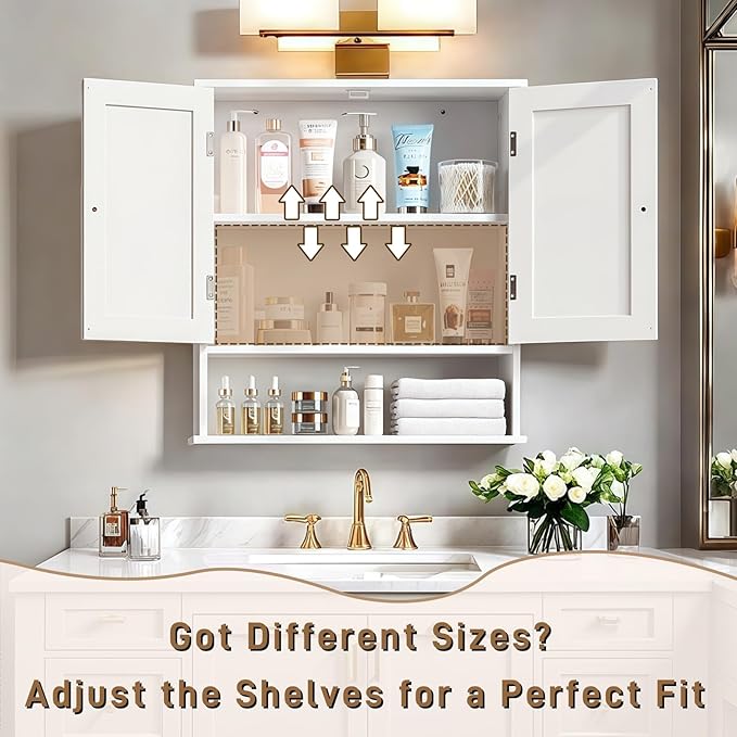 White Bathroom Cabinet Wall-Mounted, Storage Cabinets with Adjustable Shelves, Space-Saving Organizer with 2 Doors for Bathroom, Laundry, Kitchen - Moisture Resistant & Easy Install