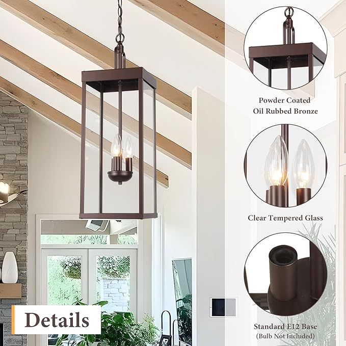 Large Outdoor Pendant Lantern Light Fixture for Front Porch, 24 Inch 3-Light Bronze Exterior Hanging Chandelier with Clear Glass, Outdoor Indoor Pendant Lamp for Patio, Gazebo, RZ008L-H ORB