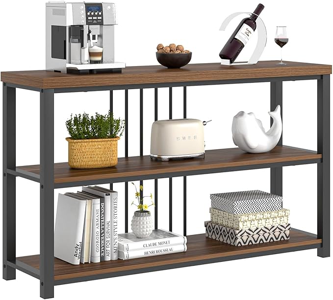 FOLUBAN Console Table for Entryway, Narrow Sofa Table with 3 Tier Storage Shelf for Living Room Hallway Behind Couch, Rustic Walnut