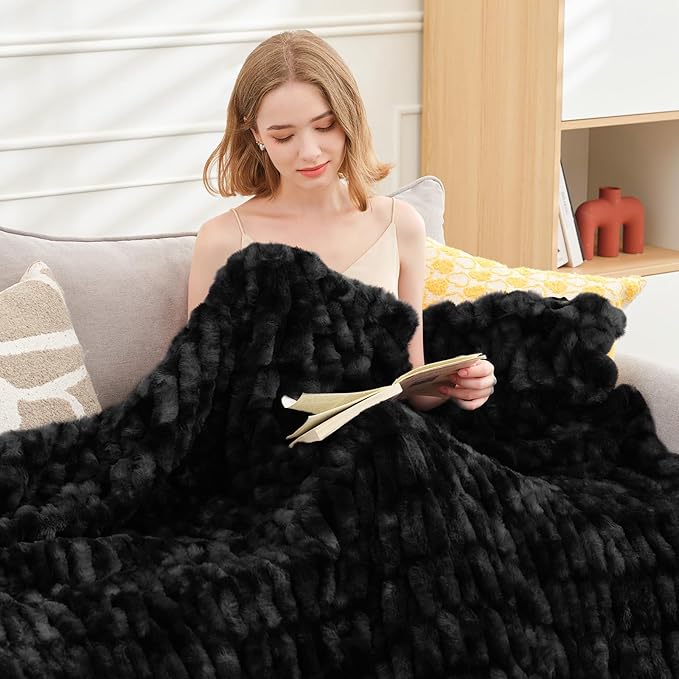 Ultra Soft Luxury Faux Fur Throw Blanket for Counch,Fuzzy Fluffy Plush Warm Cozy Elegant Wrinkled Blanket for Sofa Bedroom Living Room,(50"x60",Tie-dye Black)