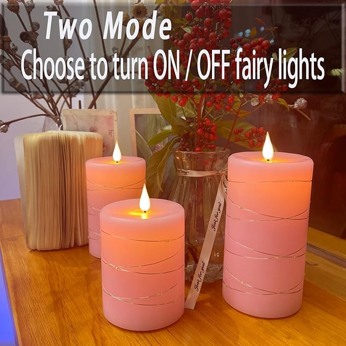 Pink Flameless Candles with String Lights Battery Operated Flickering LED Pillar Candles 4‘’ 5‘’ 6‘’ Candle with Remote Control, Set of 3